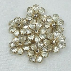 Vintage Layered Flowers Brooch Pin with Clear Crys